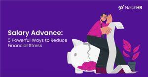 Salary advance for employees concept showing a stressed man sitting beside a piggy bank while reviewing a long list of bills.