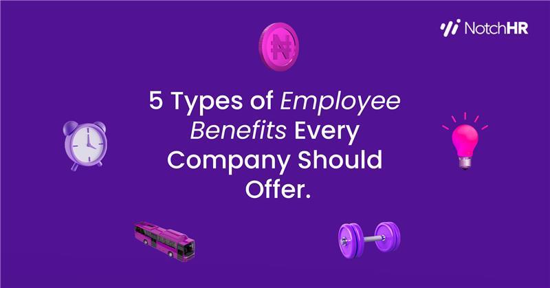 Graphic illustrating types of employee benefits with icons: a staff bus for transport support, a coin for salary advance, a light bulb for learning and development, a clock for flexible work, and a gym icon representing HMO and wellness benefits.